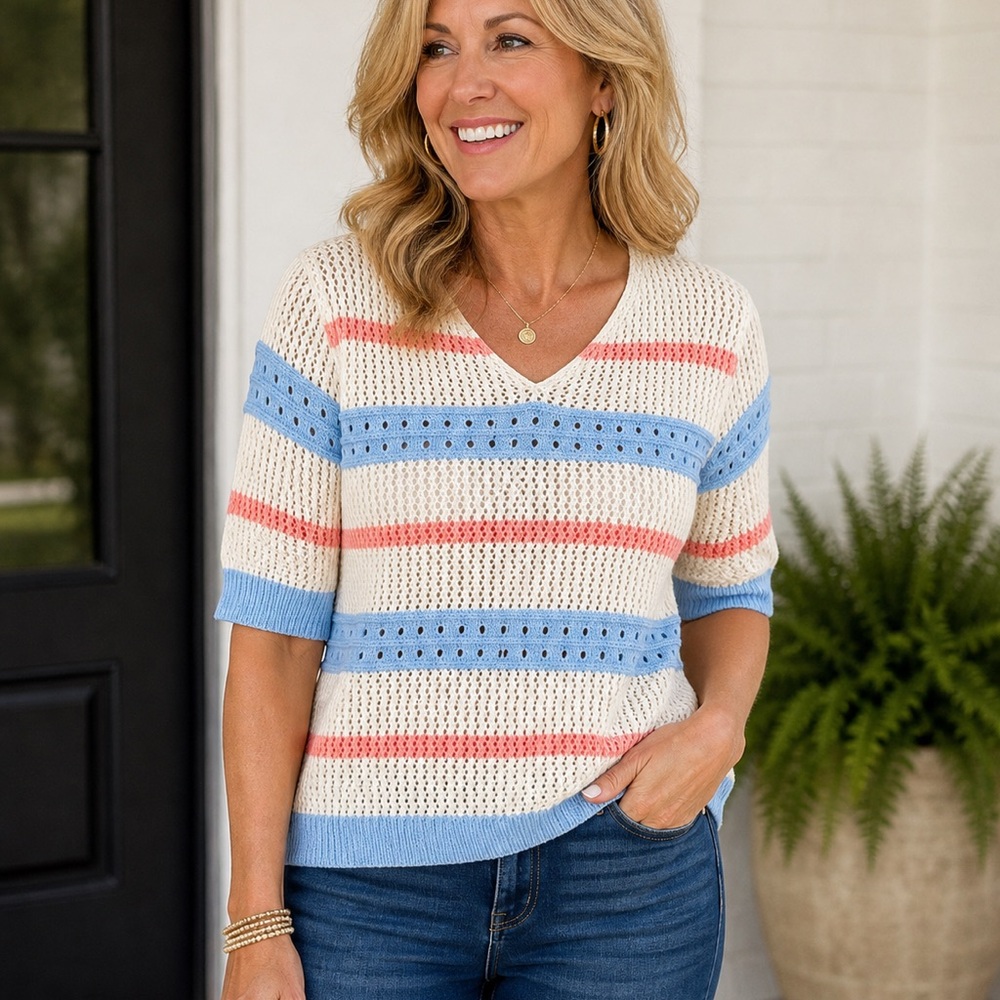 Women's Cream Knit V-Neck Sweater with Blue and Coral Stripes